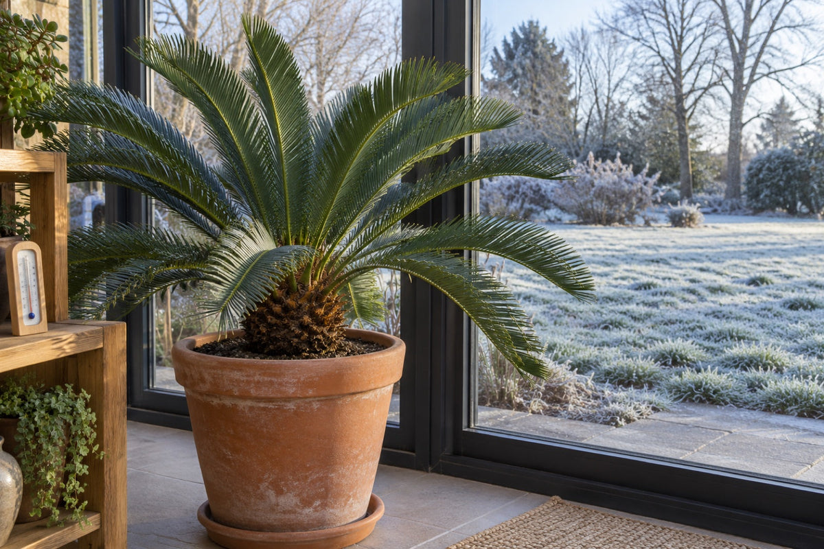 Cycas en pot devant la baie vitrée d’une véranda en hiver, thermomètre à minima posé à côté