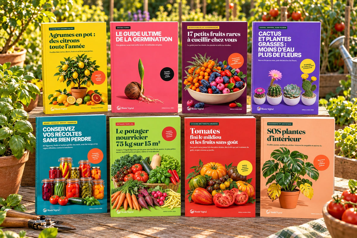 Huit guides PDF Monde Végétal imprimés sur une table de jardin