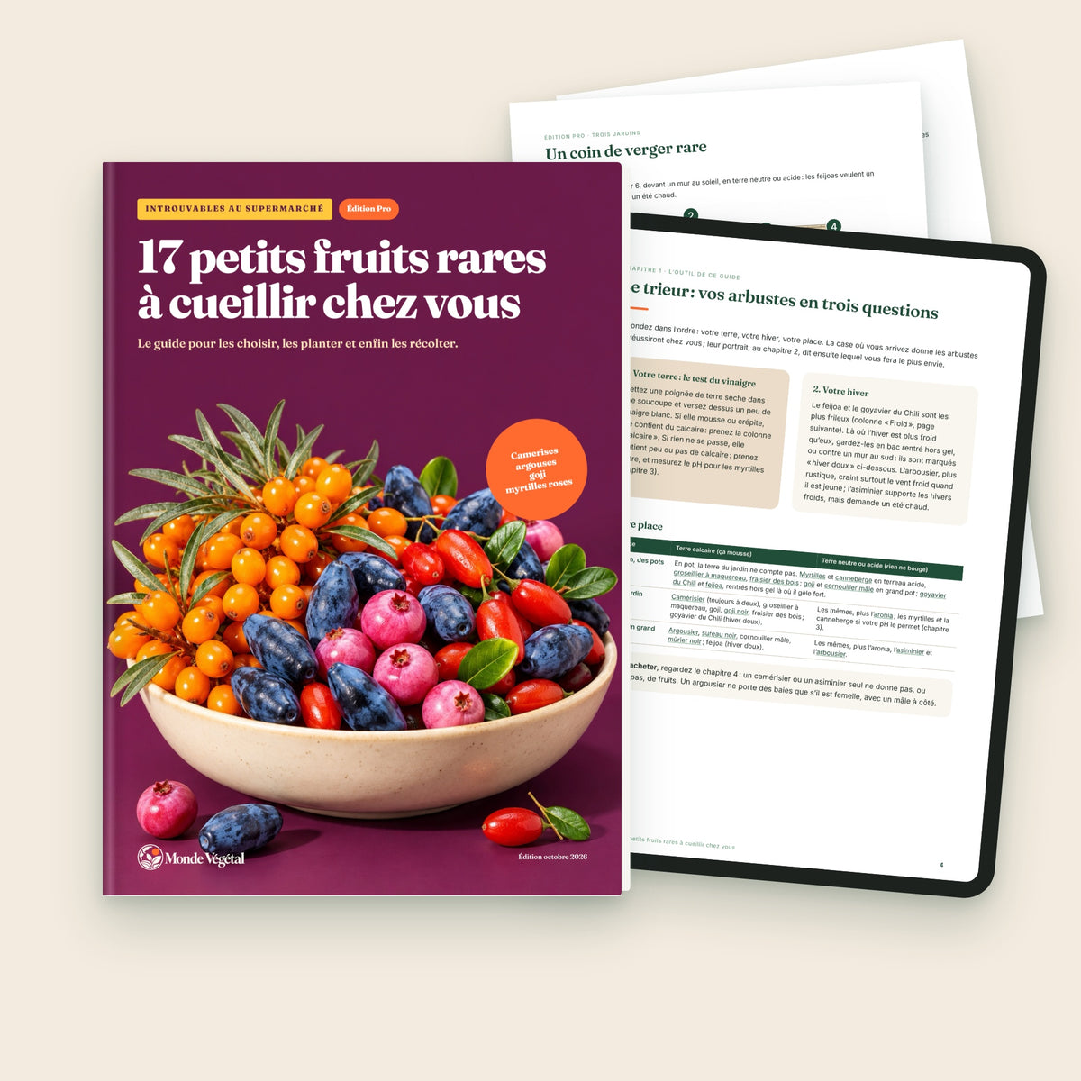 Édition Pro de l’ebook « 17 petits fruits rares à cueillir chez vous », avec les trois jardins dessinés