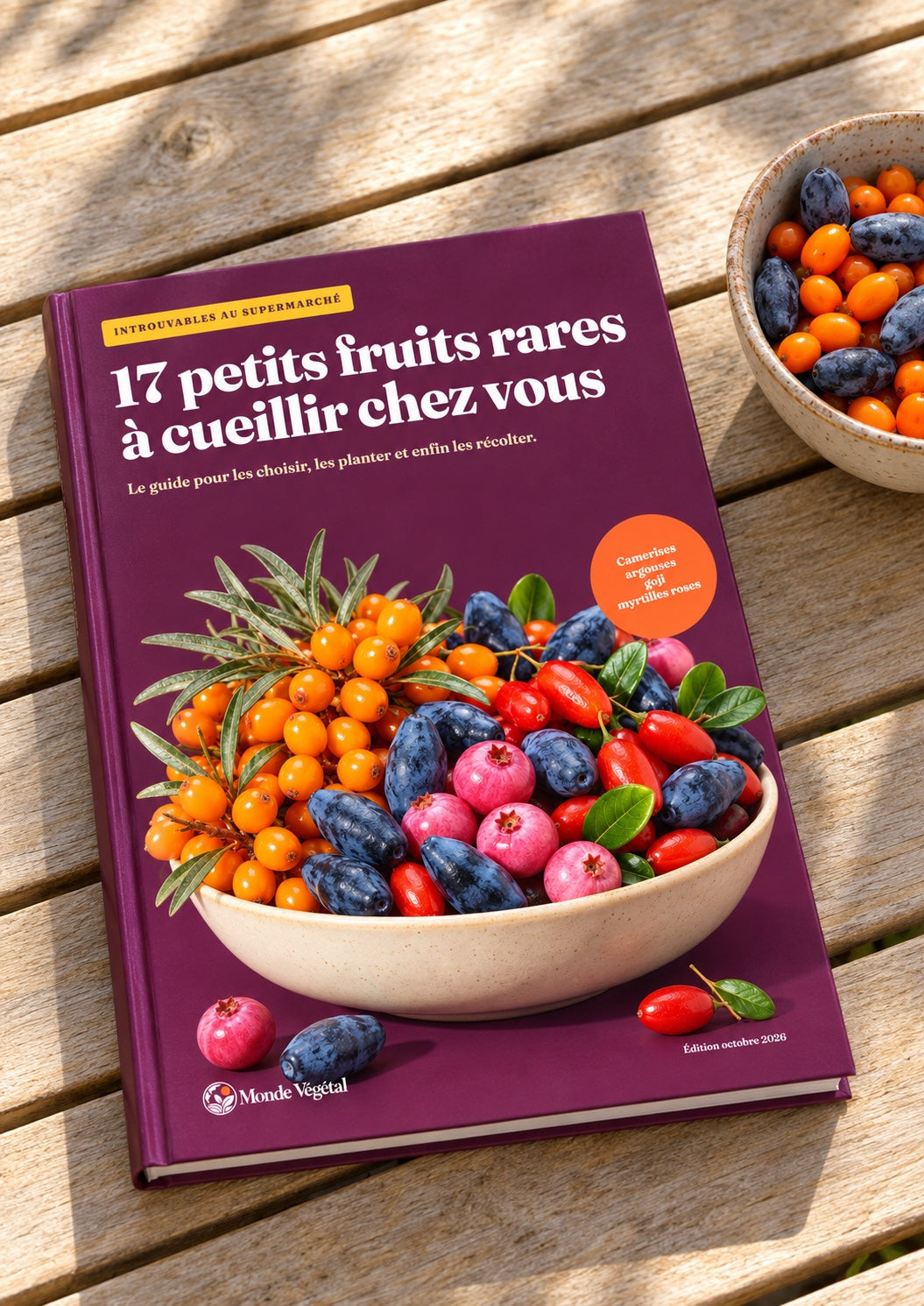 Ebook « 17 petits fruits rares à cueillir chez vous » imprimé, posé sur une table de jardin à côté d’un bol d’argouses et de camerises