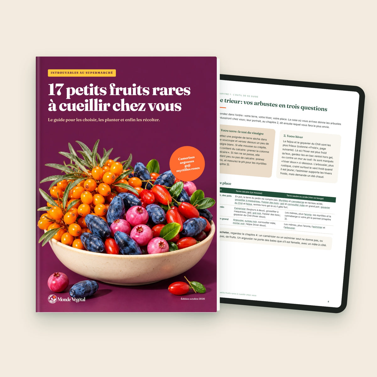 Ebook « 17 petits fruits rares à cueillir chez vous », couverture et le trieur sur tablette