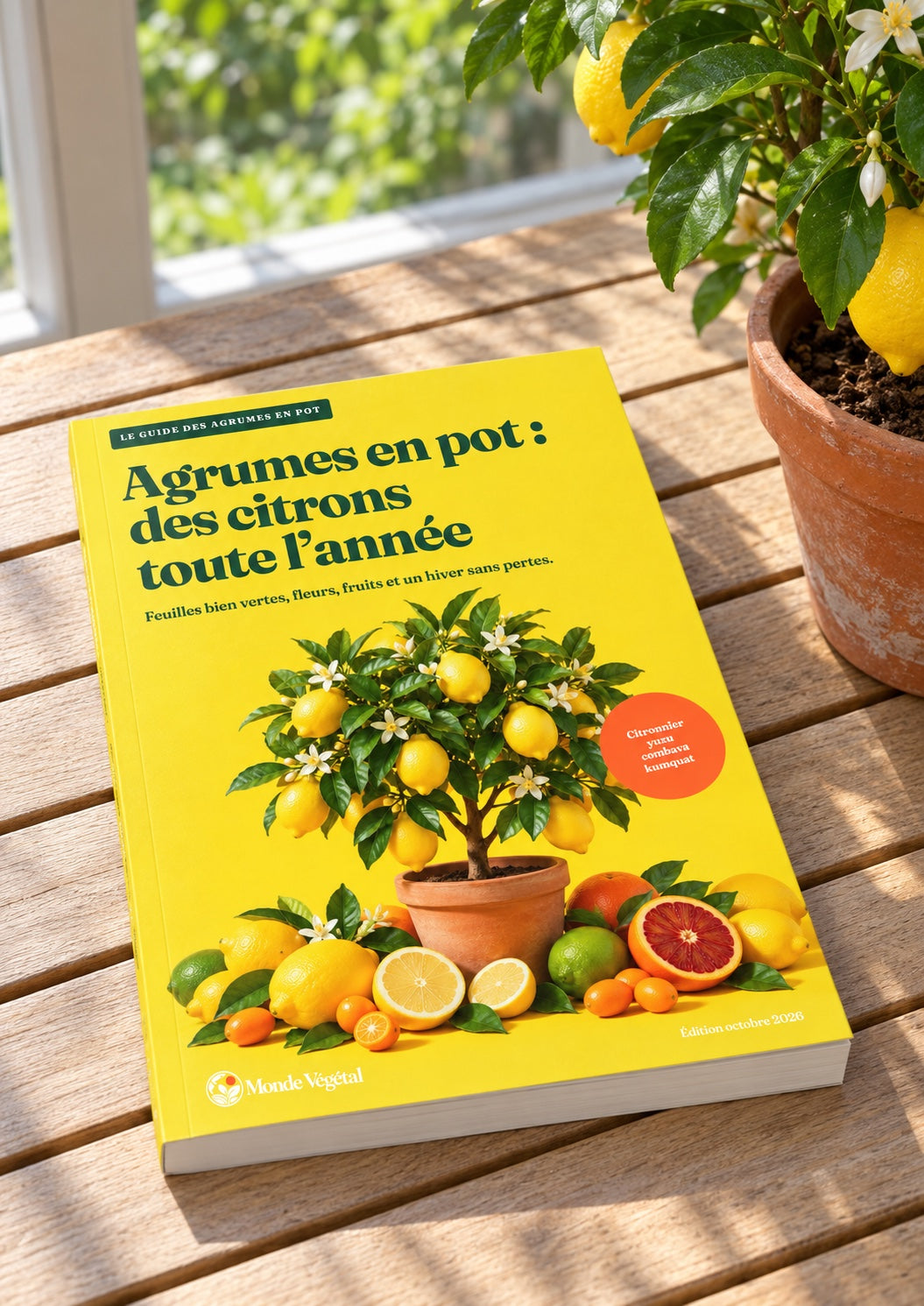 Ebook « Agrumes en pot : des citrons toute l’année » imprimé, posé sur une table de jardin à côté d’un citronnier en pot