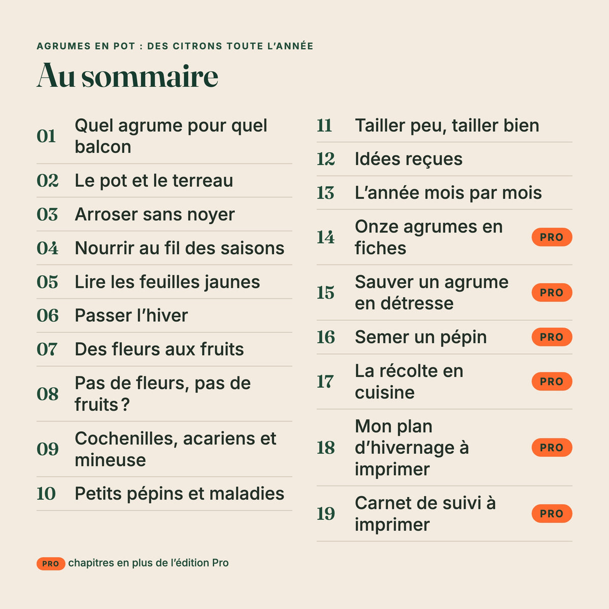 Sommaire de l’ebook « Agrumes en pot : des citrons toute l’année », chapitres de l’édition Pro marqués