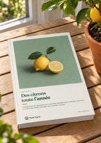 Ebook « Des citrons toute l’année » imprimé, posé sur une table de jardin à côté d’un citronnier en pot