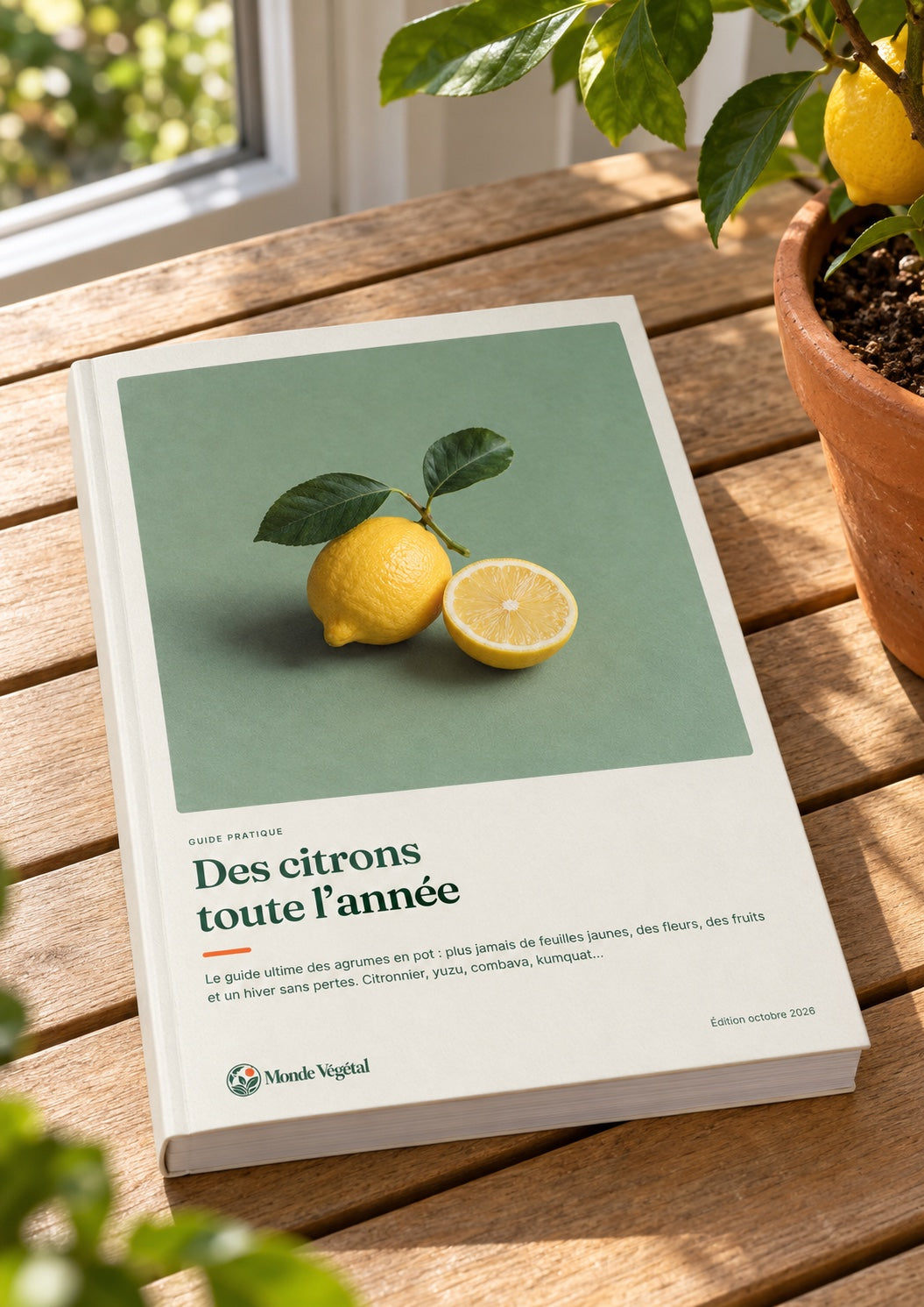 Ebook « Des citrons toute l’année » imprimé, posé sur une table de jardin à côté d’un citronnier en pot