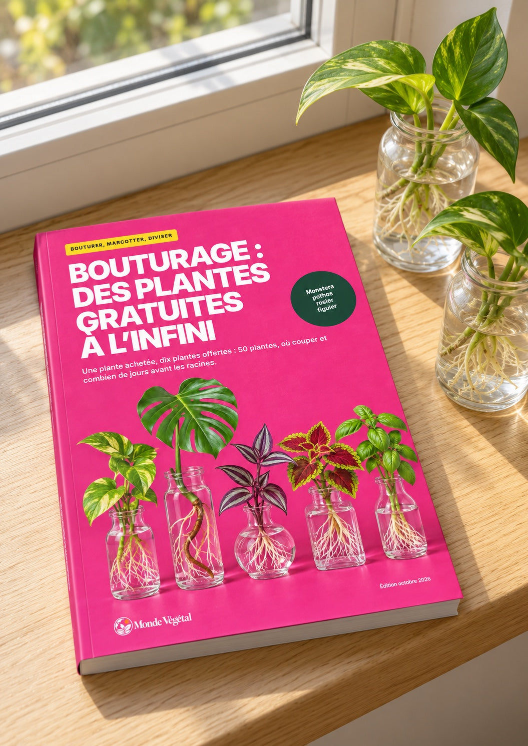 L’ebook « Bouturage » posé sur un rebord de fenêtre, près de boutures dans des bocaux d’eau