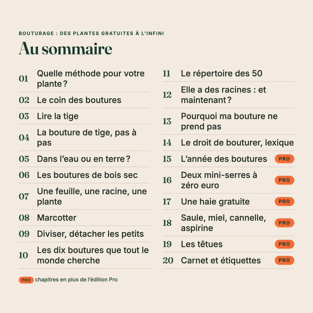 Sommaire de l’ebook « Bouturage : des plantes gratuites à l’infini », chapitres de l’édition Pro marqués
