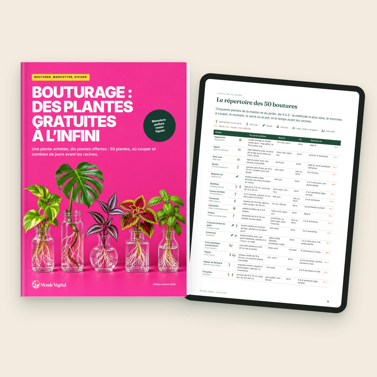 Ebook « Bouturage : des plantes gratuites à l’infini », la couverture et le répertoire des 50 boutures sur tablette