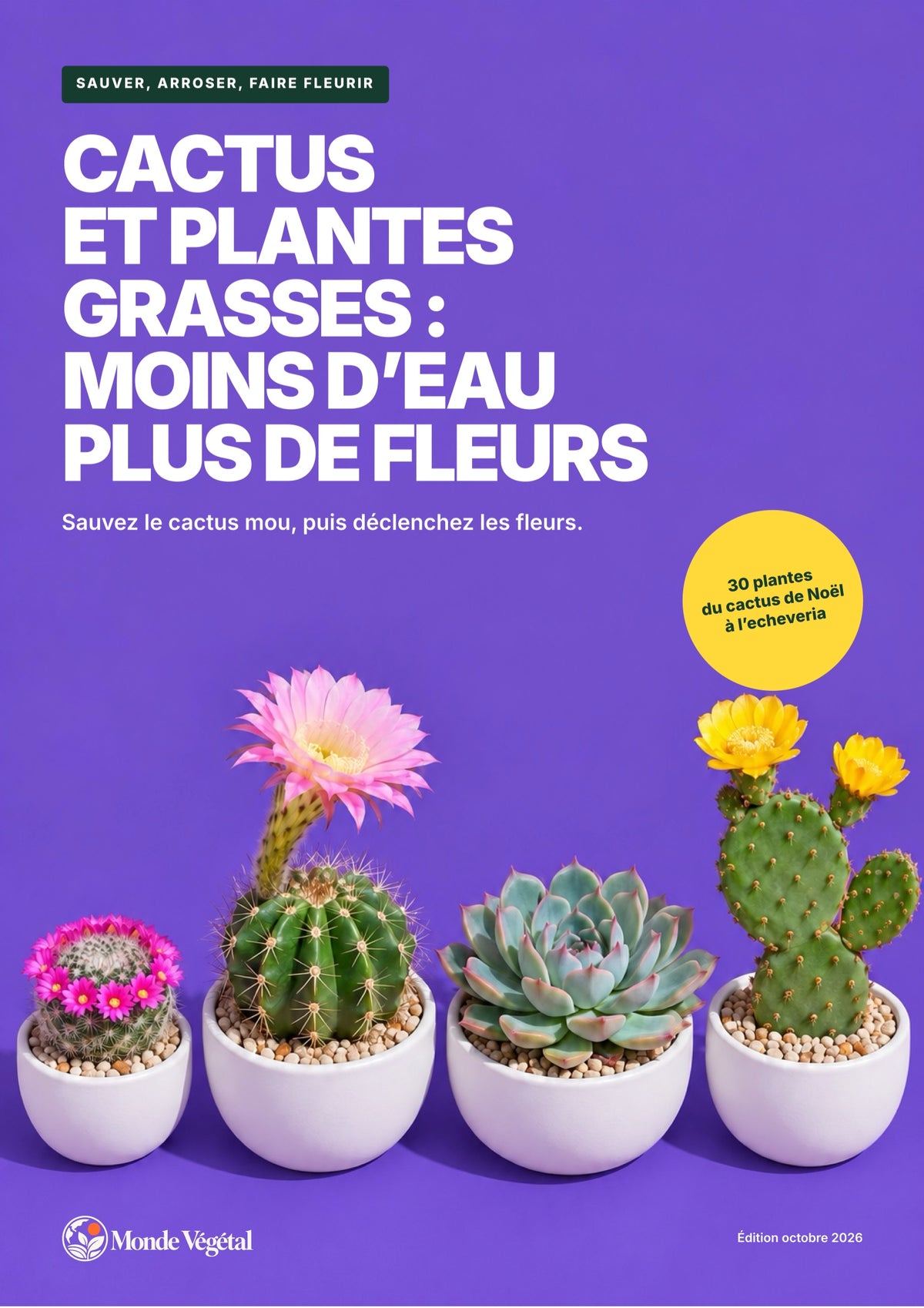 Couverture de l’ebook « Cactus et plantes grasses : moins d’eau, plus de fleurs »