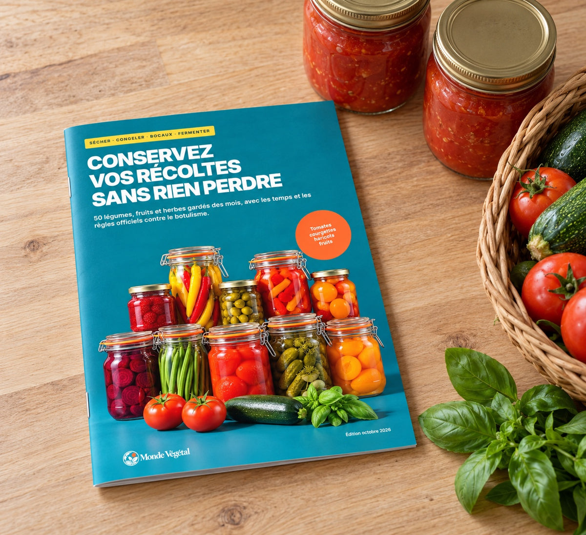 L’ebook « Conservez vos récoltes » posé sur un plan de travail, près de bocaux de tomates et d’un panier de légumes