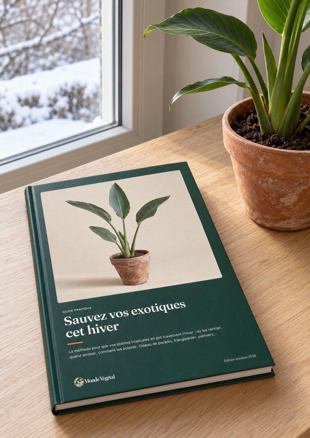 Ebook « Sauvez vos exotiques cet hiver » imprimé, posé sur une table à côté d’un oiseau de paradis en pot, près d’une fenêtre en hiver