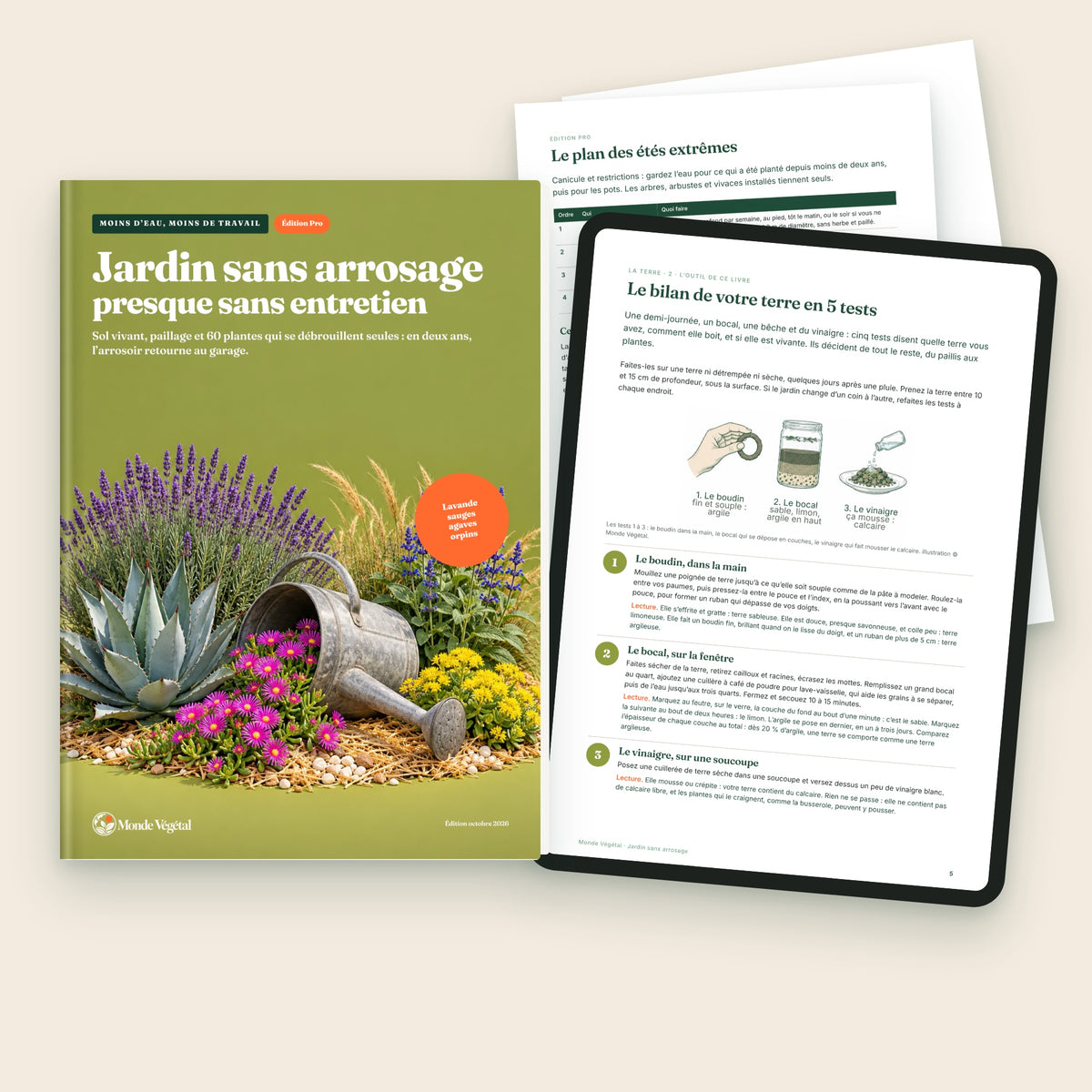 Édition Pro de l’ebook « Jardin sans arrosage », avec le plan des sécheresses extrêmes et les massifs à recopier