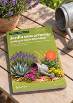 L’ebook « Jardin sans arrosage » posé sur une table de jardin, près d’une lavande en pot et d’un arrosoir couché