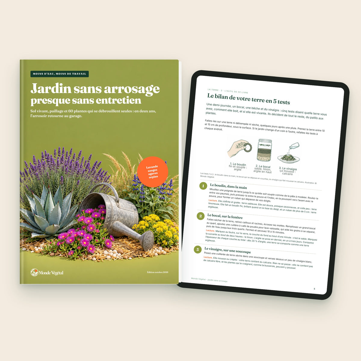 Ebook « Jardin sans arrosage, presque sans entretien », la couverture et le bilan de la terre en 5 tests sur tablette