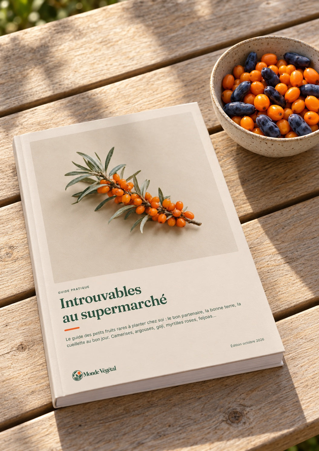 Ebook « Introuvables au supermarché » imprimé, posé sur une table de jardin à côté d’un bol d’argouses et de camerises