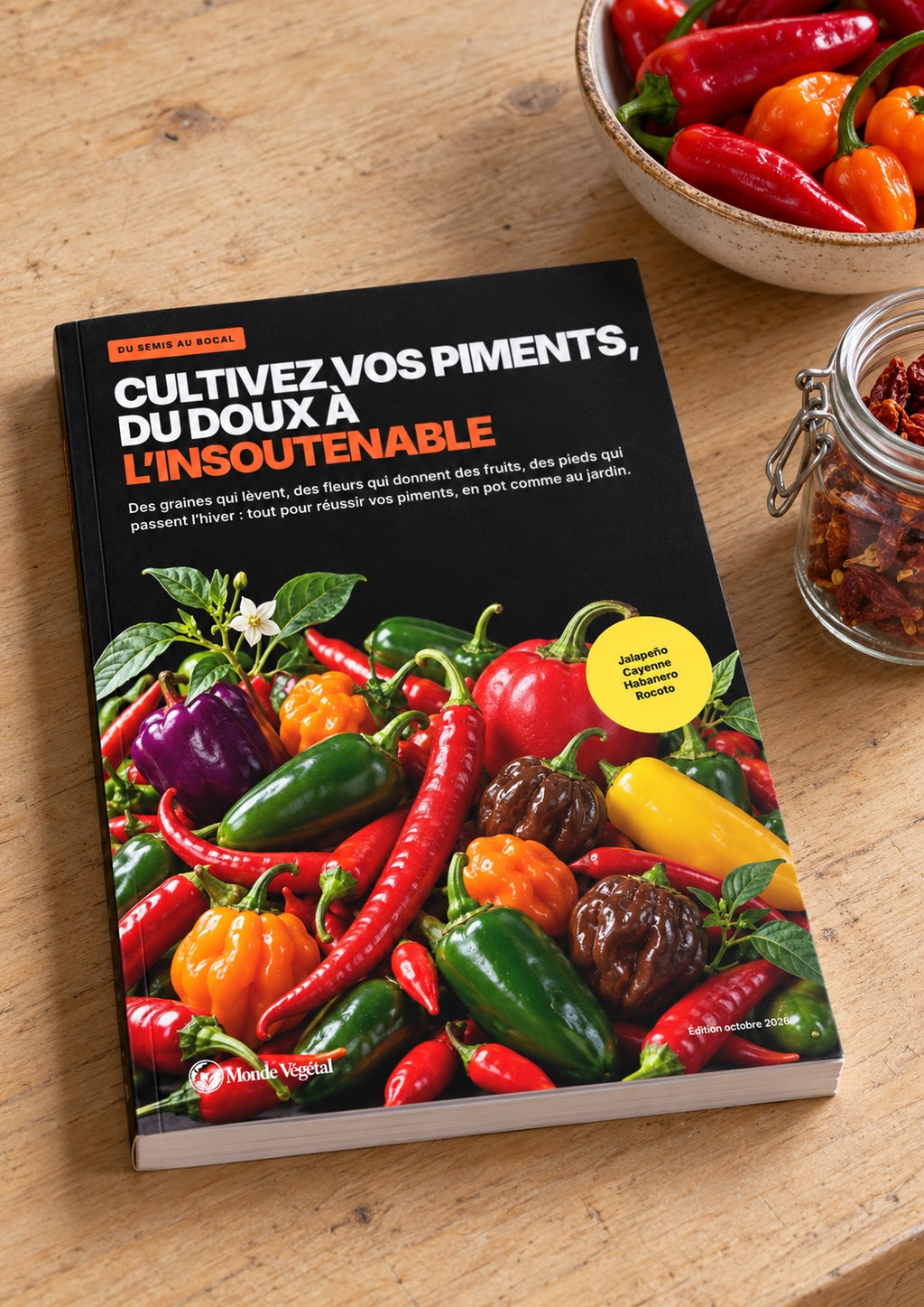 Ebook « Cultivez vos piments, du doux à l’insoutenable » imprimé, posé sur une table de cuisine à côté d’un bol de piments frais