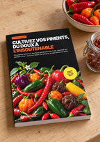 Ebook « Cultivez vos piments, du doux à l’insoutenable » imprimé, posé sur une table de cuisine à côté d’un bol de piments frais