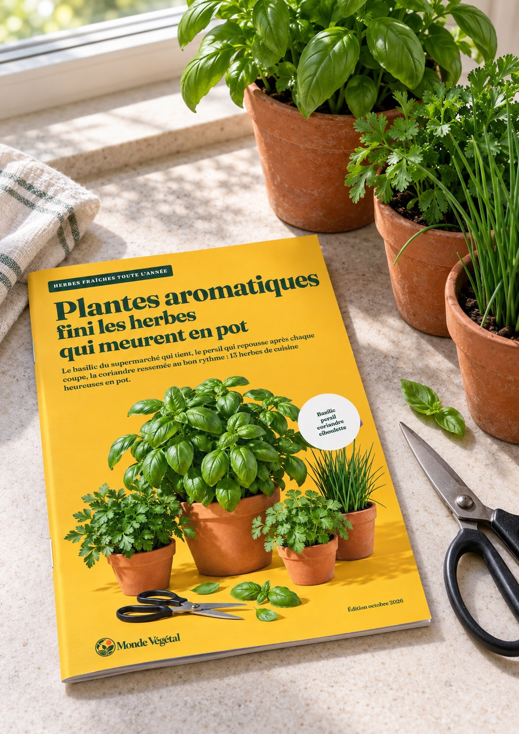 Ebook « Plantes aromatiques : fini les herbes qui meurent en pot » imprimé, posé sur un plan de travail près de pots de basilic, de persil et de ciboulette