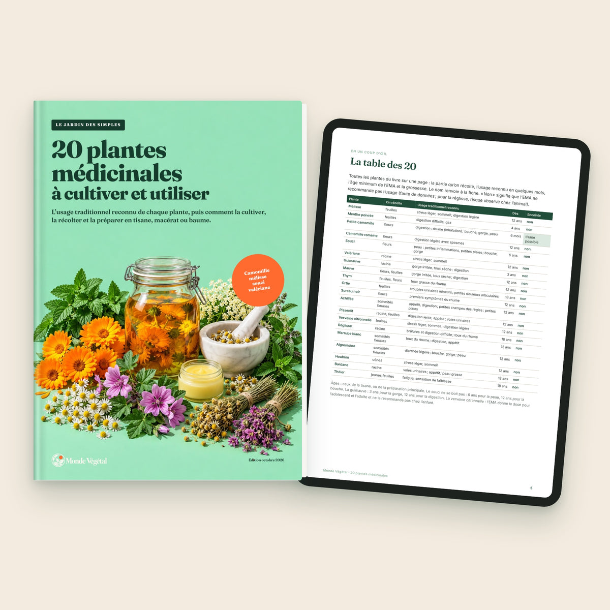 Ebook « 20 plantes médicinales à cultiver et utiliser », la couverture et la table des 20 sur tablette