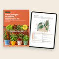 Ebook « Votre potager de balcon, même sur 2 m² », la couverture et un plan de pots sur tablette
