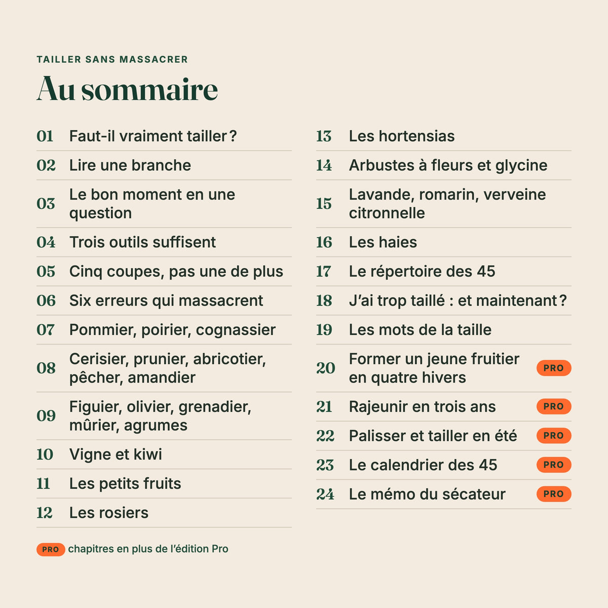 Sommaire de l’ebook « Tailler sans massacrer », chapitres de l’édition Pro marqués
