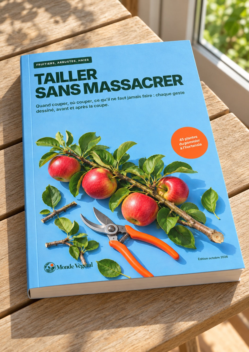 Le guide « Tailler sans massacrer » imprimé, posé sur une table de jardin