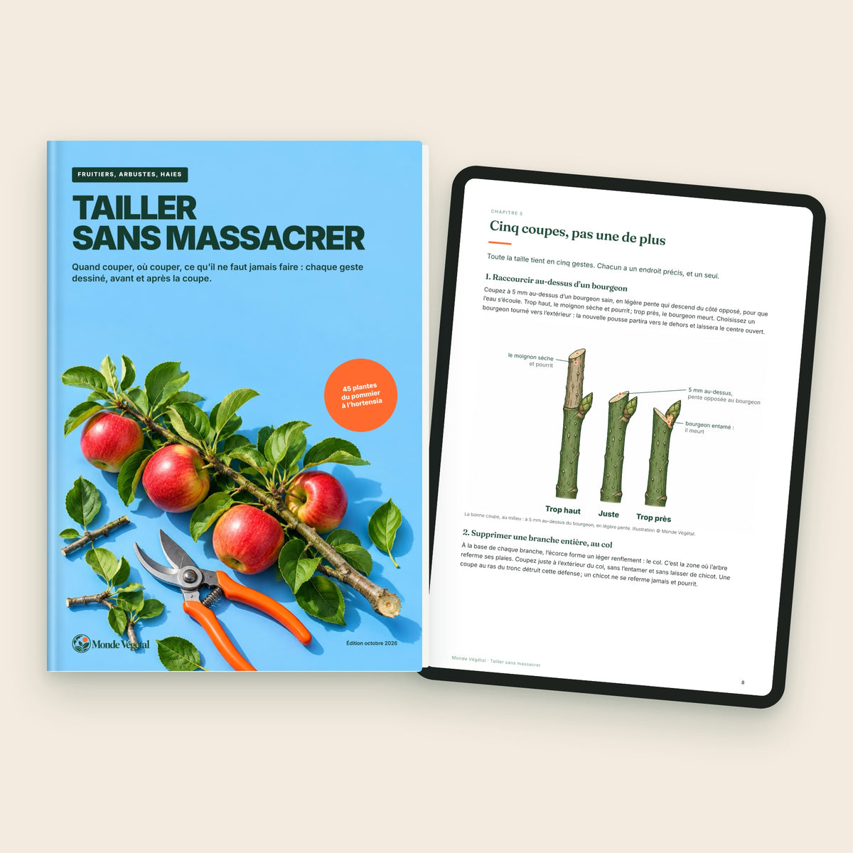 Ebook « Tailler sans massacrer », la couverture et une page intérieure sur tablette