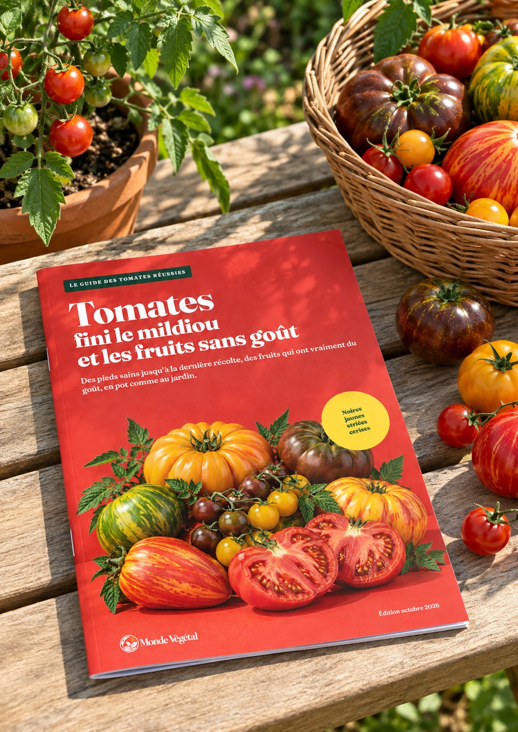 Ebook « Tomates » imprimé, posé sur une table de jardin à côté d’un panier de tomates anciennes
