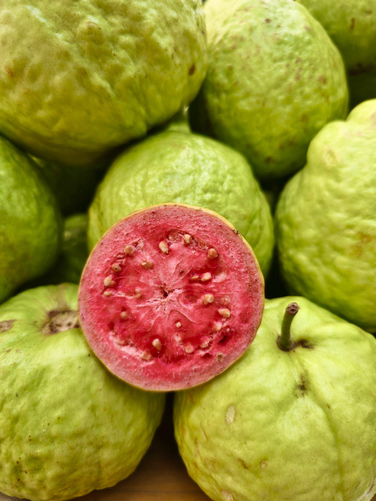 Goyaves entières et goyave ouverte à chair rose (Psidium guajava)