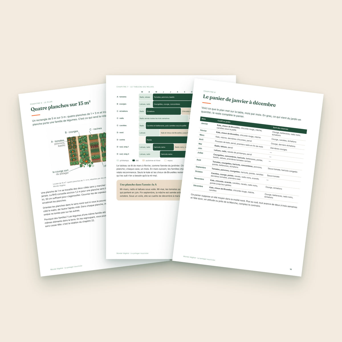 Trois pages intérieures de l’ebook du potager nourricier : le plan de 15 m², le relais des planches, le panier de chaque mois