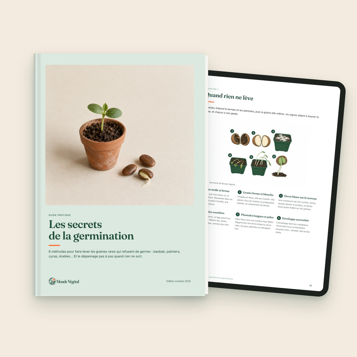 Ebook « Les secrets de la germination », couverture et page sur tablette