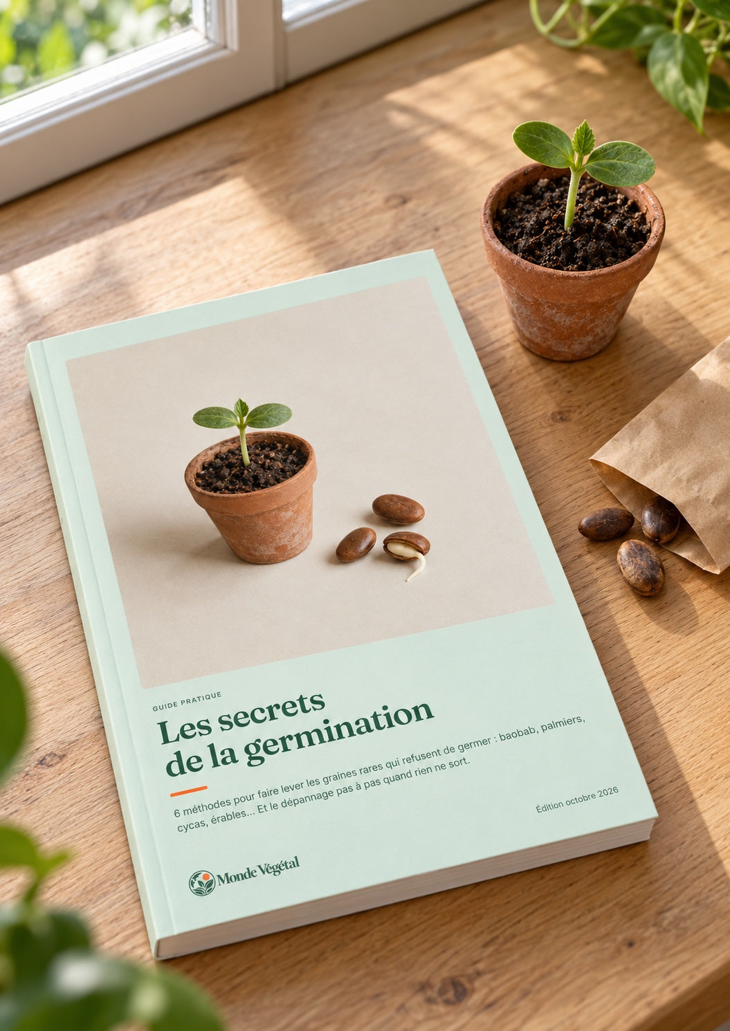 Ebook « Les secrets de la germination » imprimé, posé sur un plan de travail à côté d’un godet où lève une plantule