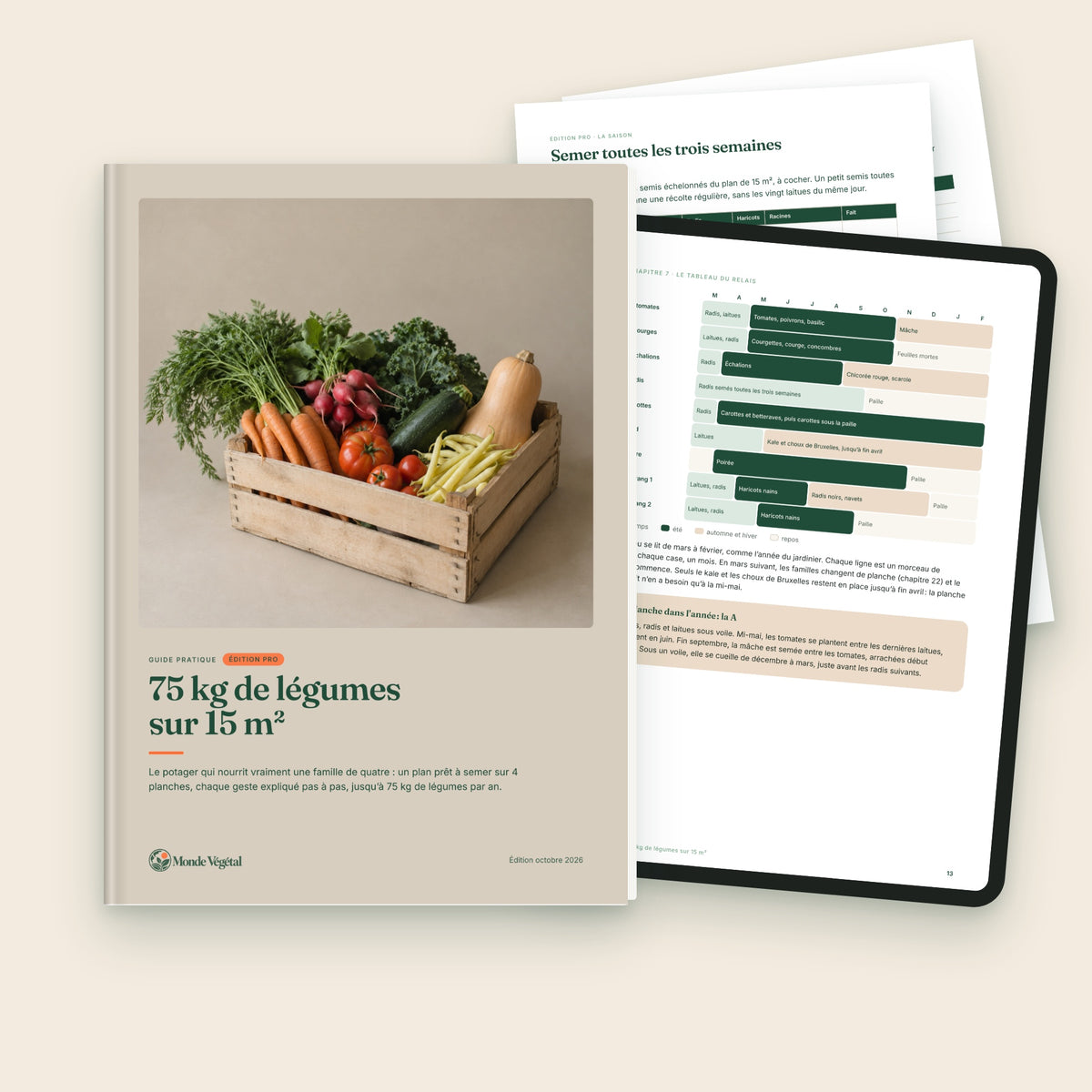 Édition Pro de l’ebook « 75 kg de légumes sur 15 m² », avec le plan à deux et à six et les semis datés