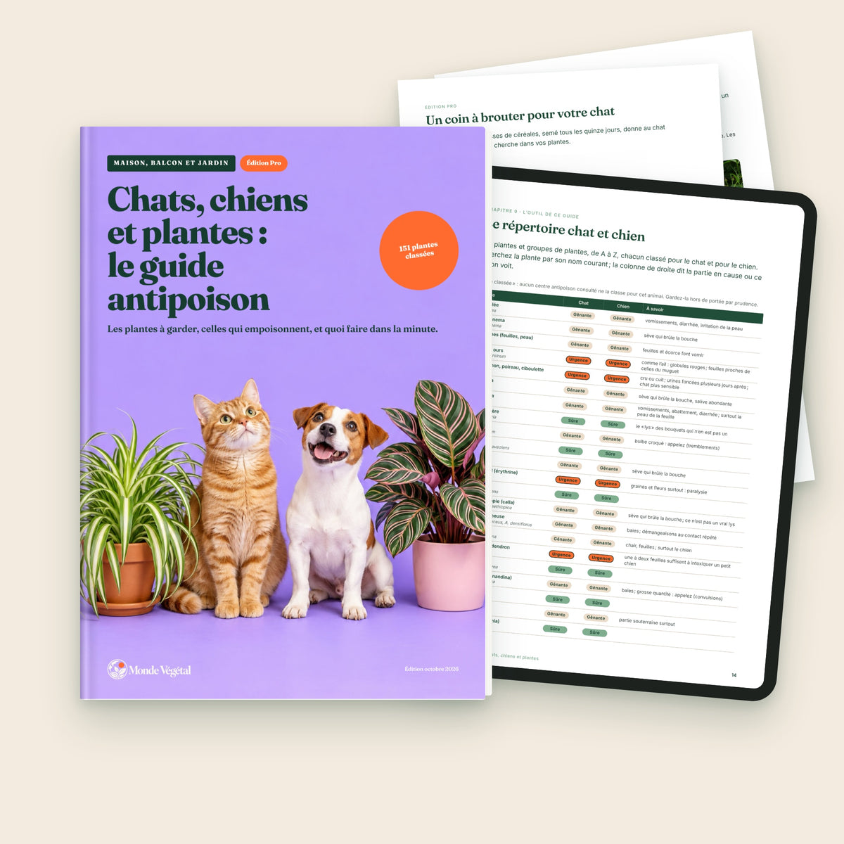 Édition Pro de l’ebook « Chats, chiens et plantes : le guide antipoison », avec le répertoire et le coin à brouter