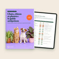 Ebook « Chats, chiens et plantes : le guide antipoison », couverture et le répertoire chat et chien sur tablette