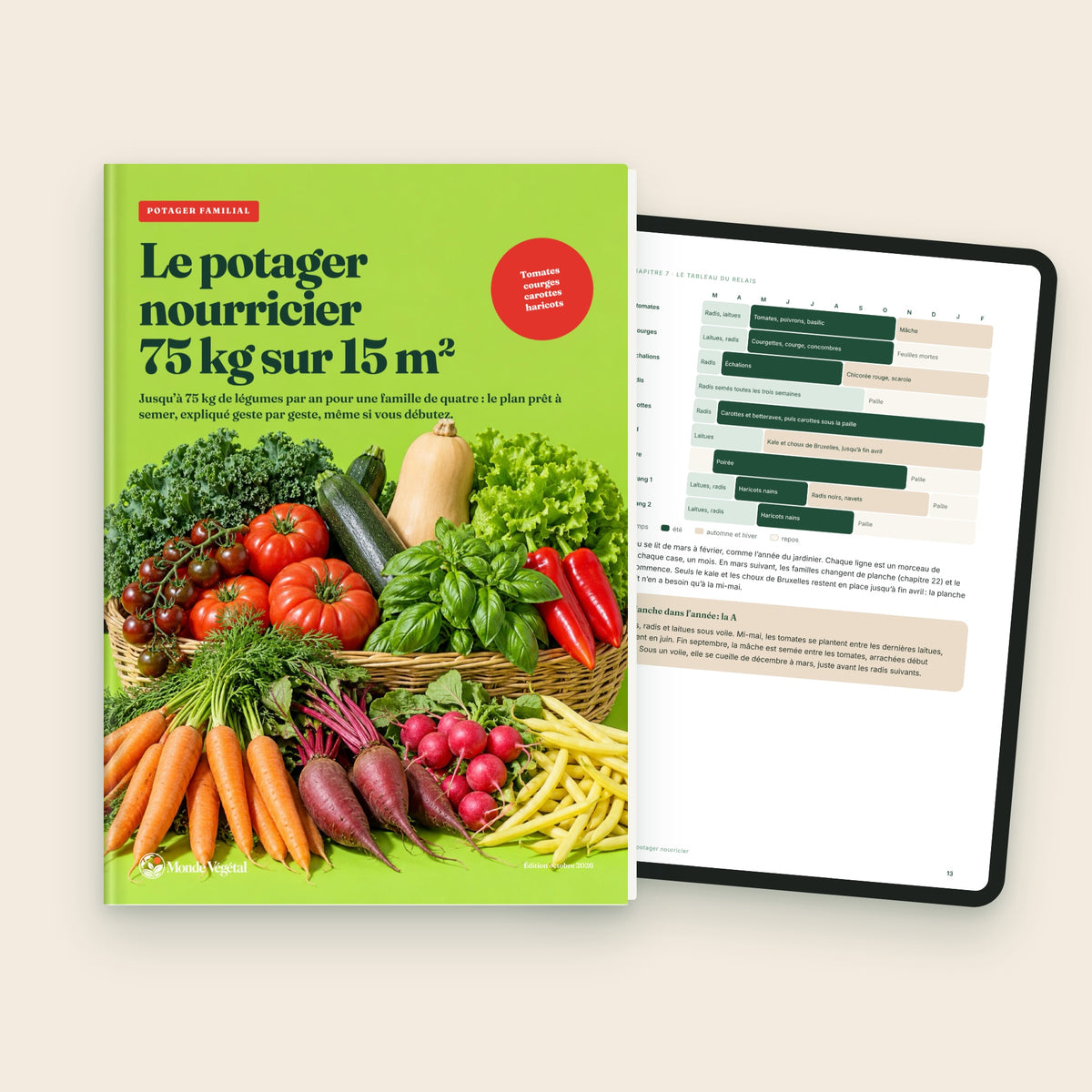 Ebook « Le potager nourricier, 75 kg sur 15 m² », couverture et le relais des planches sur tablette