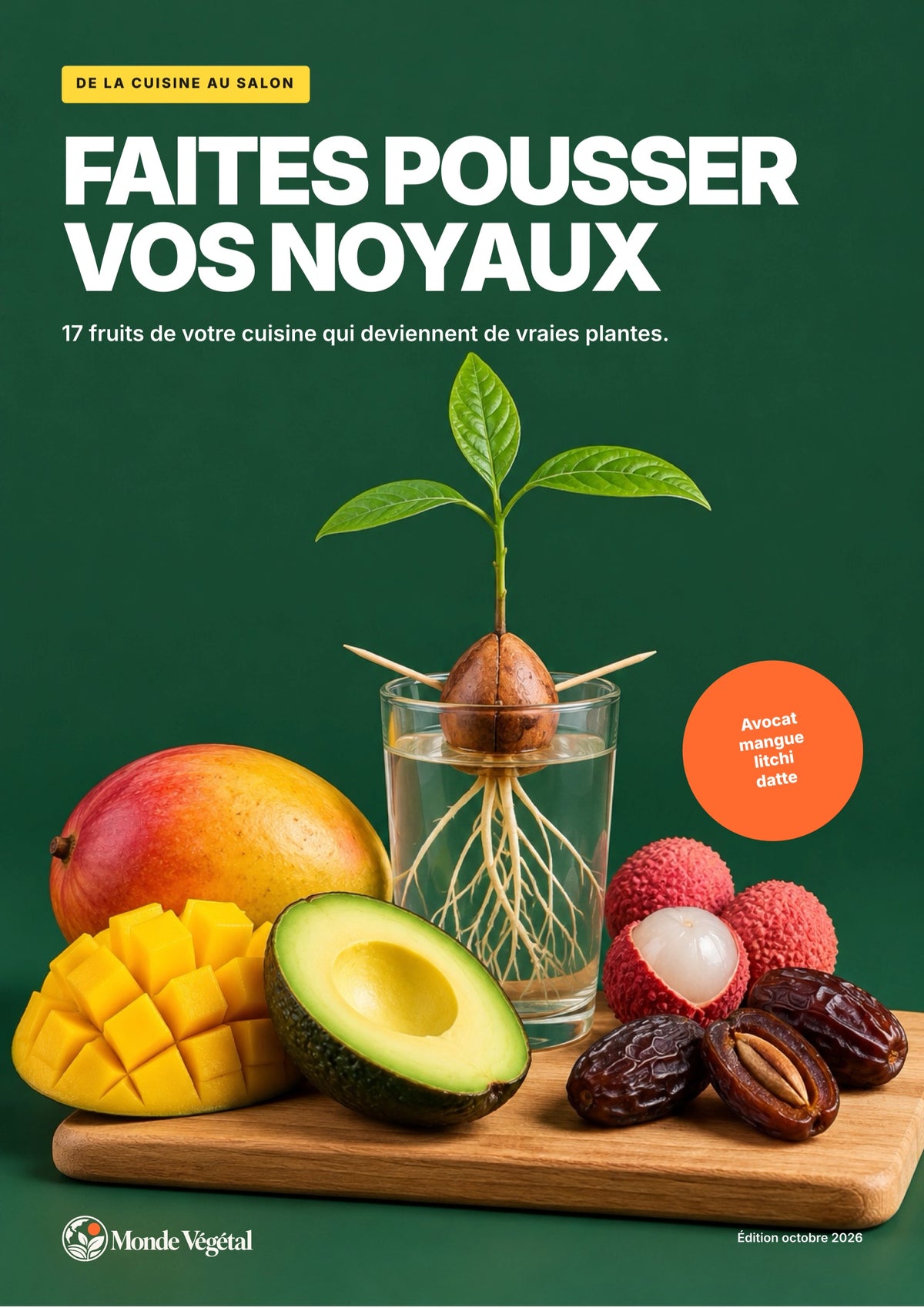 Couverture de l’ebook « Faites pousser vos noyaux » : un noyau d’avocat qui germe sur un verre d’eau, entre mangue, avocat, litchis et dattes