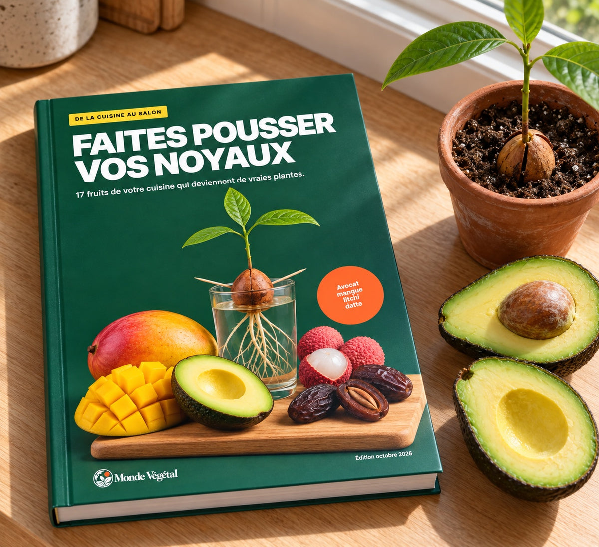 Ebook « Faites pousser vos noyaux » imprimé, posé près d’une fenêtre à côté d’un avocat coupé et d’un jeune avocatier en pot