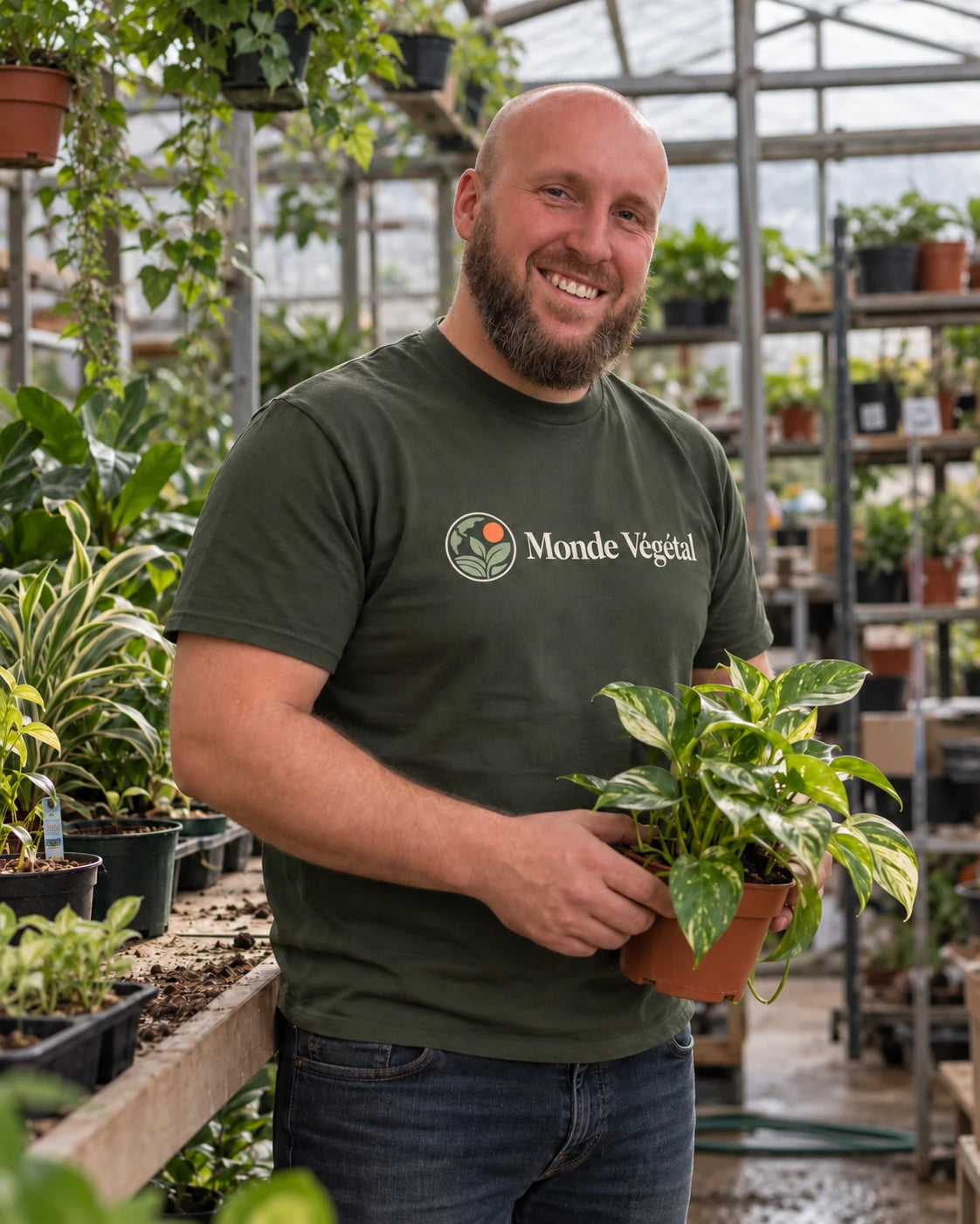 Rafaël Rodriguez, fondateur de Monde Végétal, dans une serre avec un pothos en pot