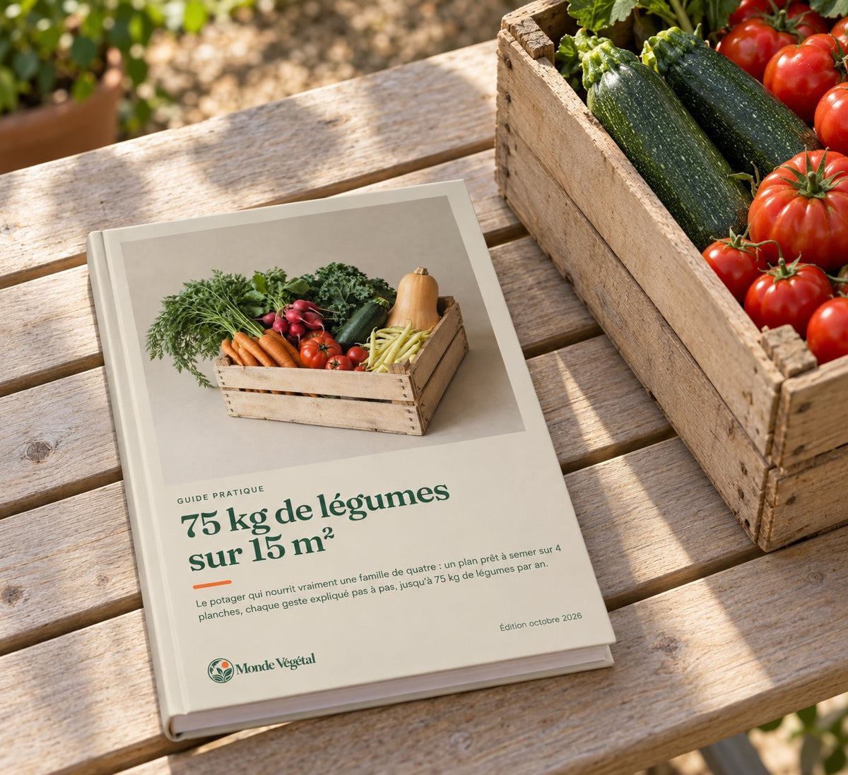 Ebook « 75 kg de légumes sur 15 m² » imprimé, posé sur une table de jardin à côté d’une cagette de tomates et de courgettes