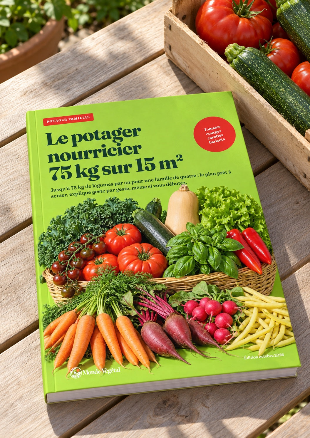 Ebook « Le potager nourricier, 75 kg sur 15 m² » imprimé, posé sur une table de jardin à côté d’une cagette de tomates et de courgettes