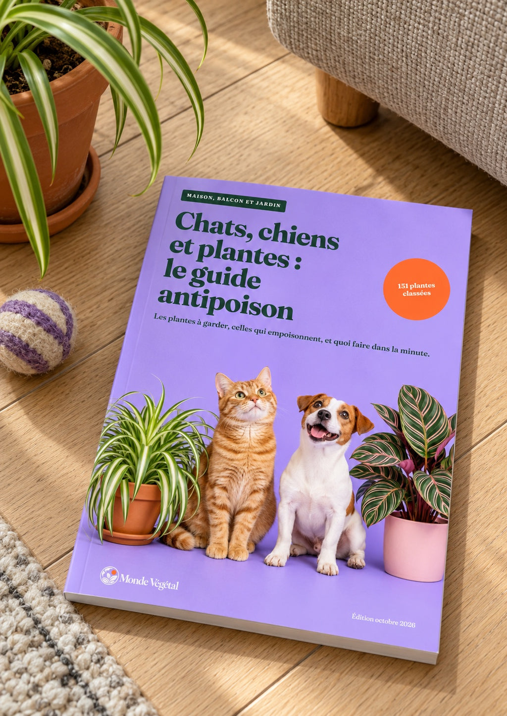 Ebook « Chats, chiens et plantes : le guide antipoison » imprimé, posé sur un parquet à côté d’une plante araignée et d’une balle pour chat