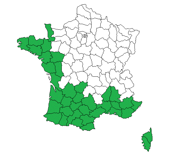 Aire de répartition de l'Arbousier en France représentant les zones françaises où il pousse à l'état sauvage.